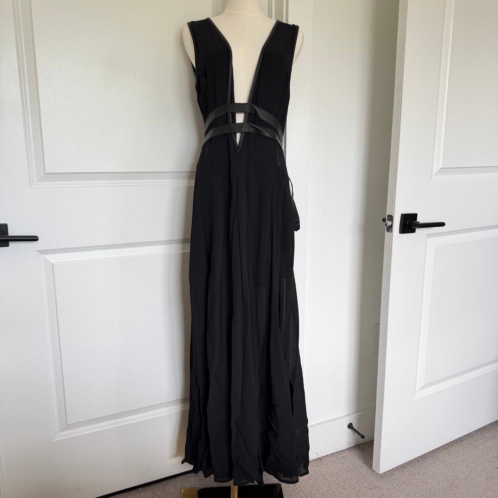 Nicholas K XL NWT Rhine Dress Leather Trim Plunge Georgette Maxi Gown Black - Picture 3 of 12